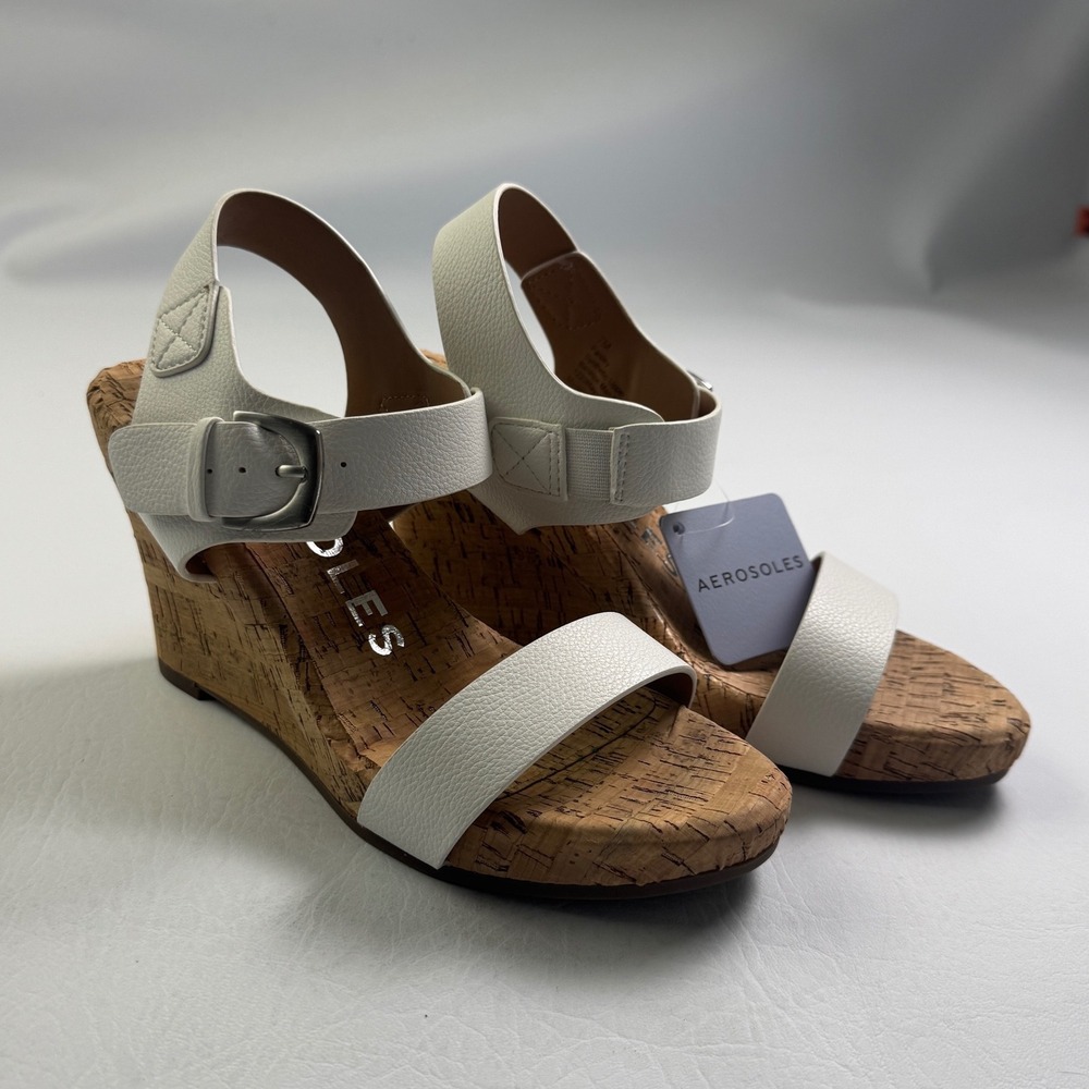 Aerosoles Paisley Womens White Cork Wedge Sandals Buckle Strap Size 7M New